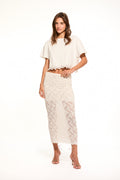 Antique white stretch lace maxi skirt, fitted pencil silhouette