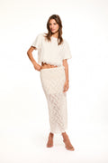 Antique white stretch lace maxi skirt with wide scalloped hem