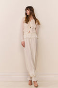 Cream silk balloon pants featuring lace details and gathered elastic hem cuffs