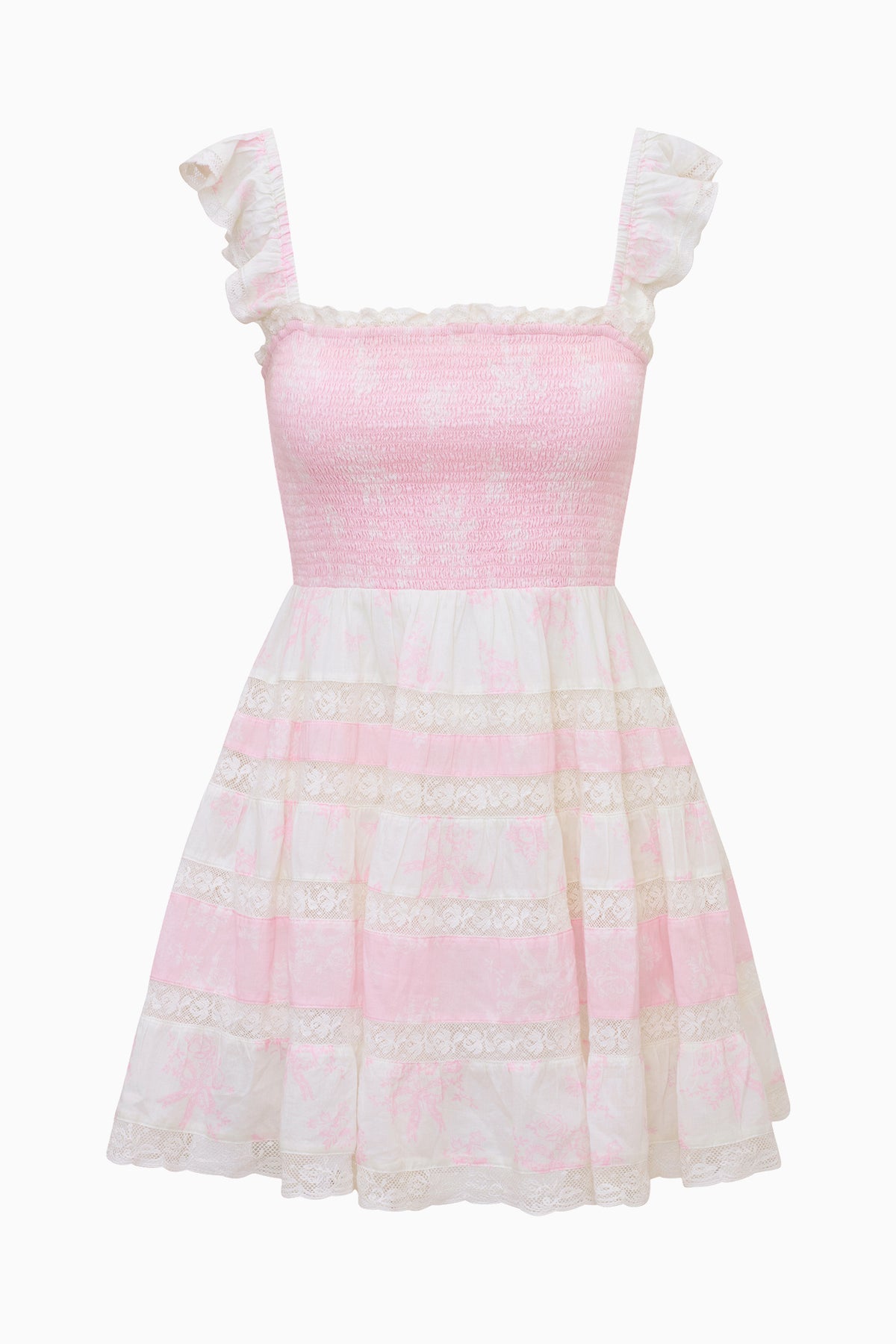 Pink cotton mini dress, ruffled square neckline, and tiered skirt, flat lay