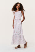 Girls tiered maxi skirt with pastel cherry stripe print and gathered ruffle tiers