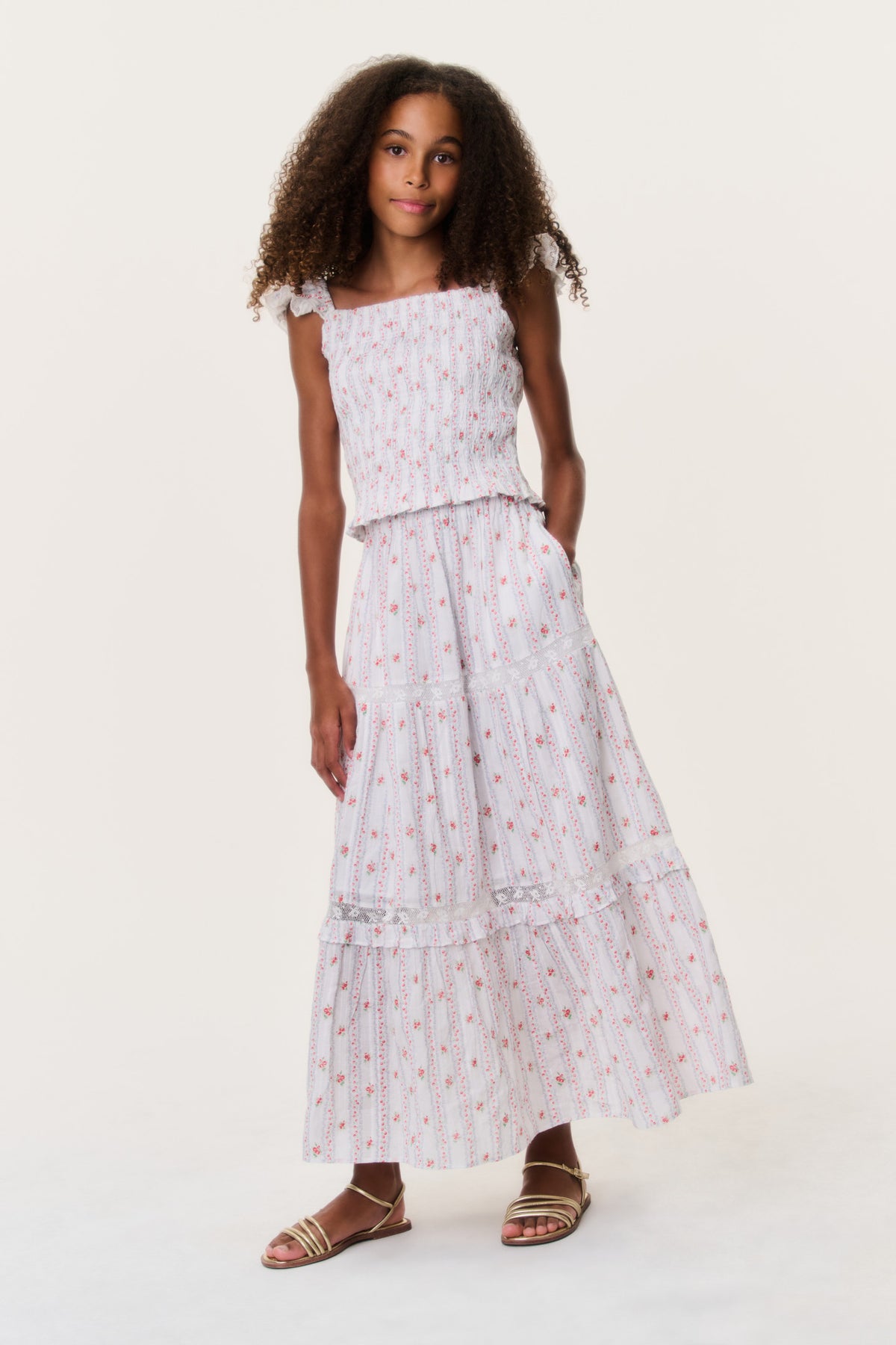 Girls cherry print tiered skirt with elastic waist and fluttery layered ruffle hem