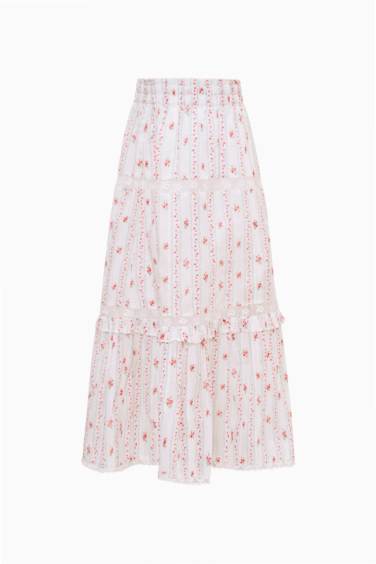 Girls tiered midi skirt with light blue cherry stripe print and ruffled layers