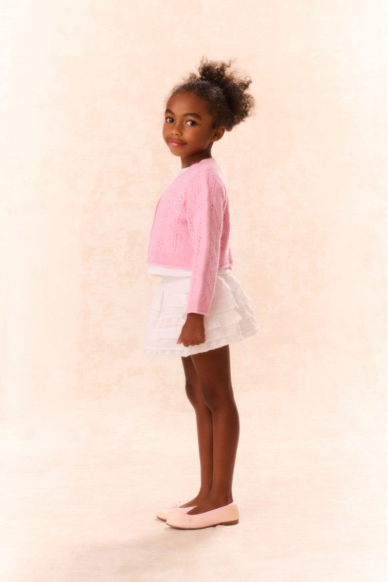Girls pink wool-cashmere cardigan, textured knit with button placket