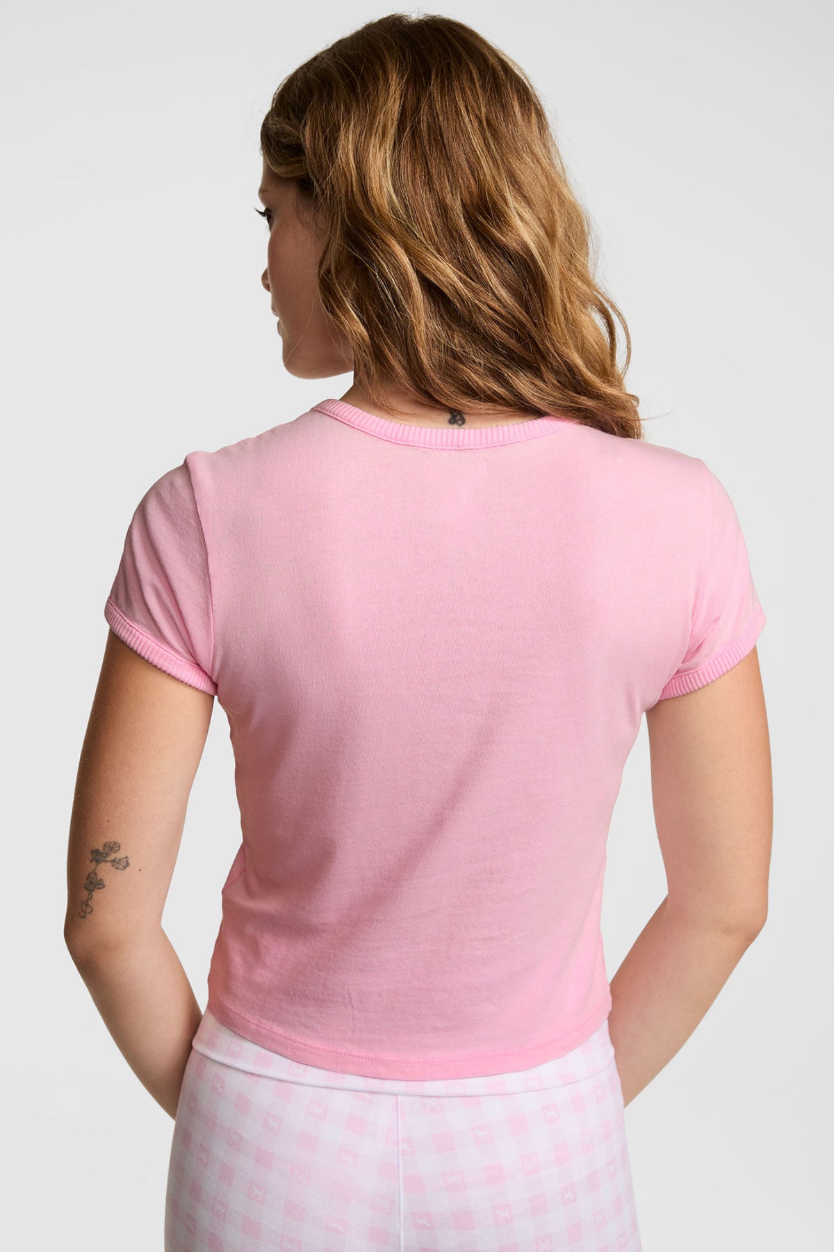 Pink cotton baby tee, crew neck, short sleeves, back view