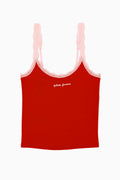 Red cotton cami with lace-trim scoop neckline and script logo on the front