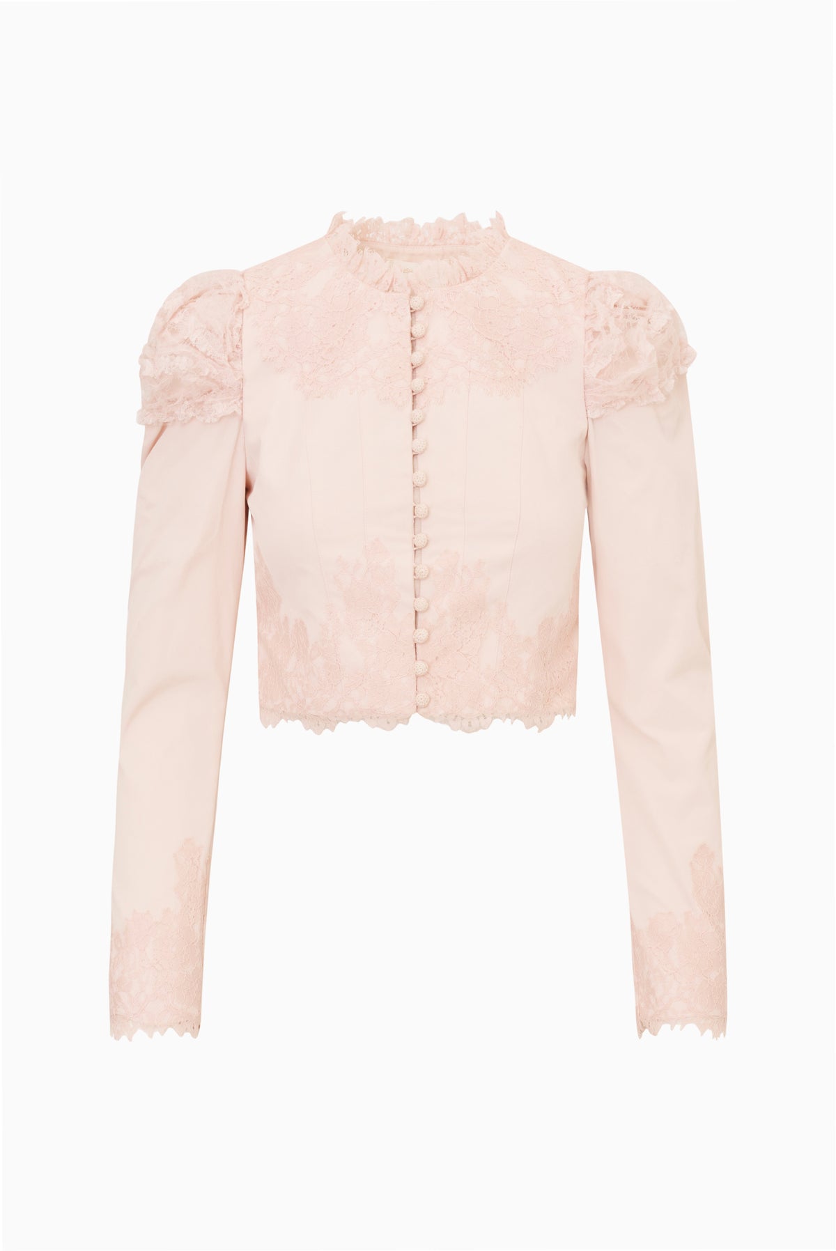Light pink cropped jacket flat lay with button placket, puff sleeves, and lace-trim ruffle edges