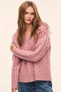 Wool cable knit pullover, flushed rose pink, V-neck, long sleeves, cable pattern