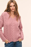 Wool cable knit V-neck pullover, flushed rose pink, chunky cable sweater