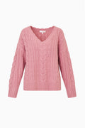 Wool cable knit pullover sweater, flushed rose pink, V-neck, long sleeves