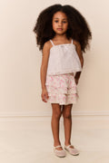Girls floral tiered skirt with elastic waistband and layered ruffle tiers, pink/white