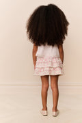 Girls floral tiered skirt, elastic waistband and layered ruffle tiers, pink/white (back view)