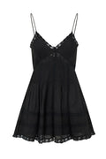 Black cotton mini dress with spaghetti straps and lace V-neck, tiered skirt