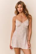 Pink printed mini slip dress with lace-trim bust and thin spaghetti straps