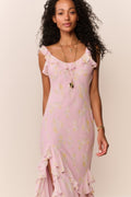 Floral chiffon maxi dress, light pink, ruffle cap sleeves and V-shaped neckline