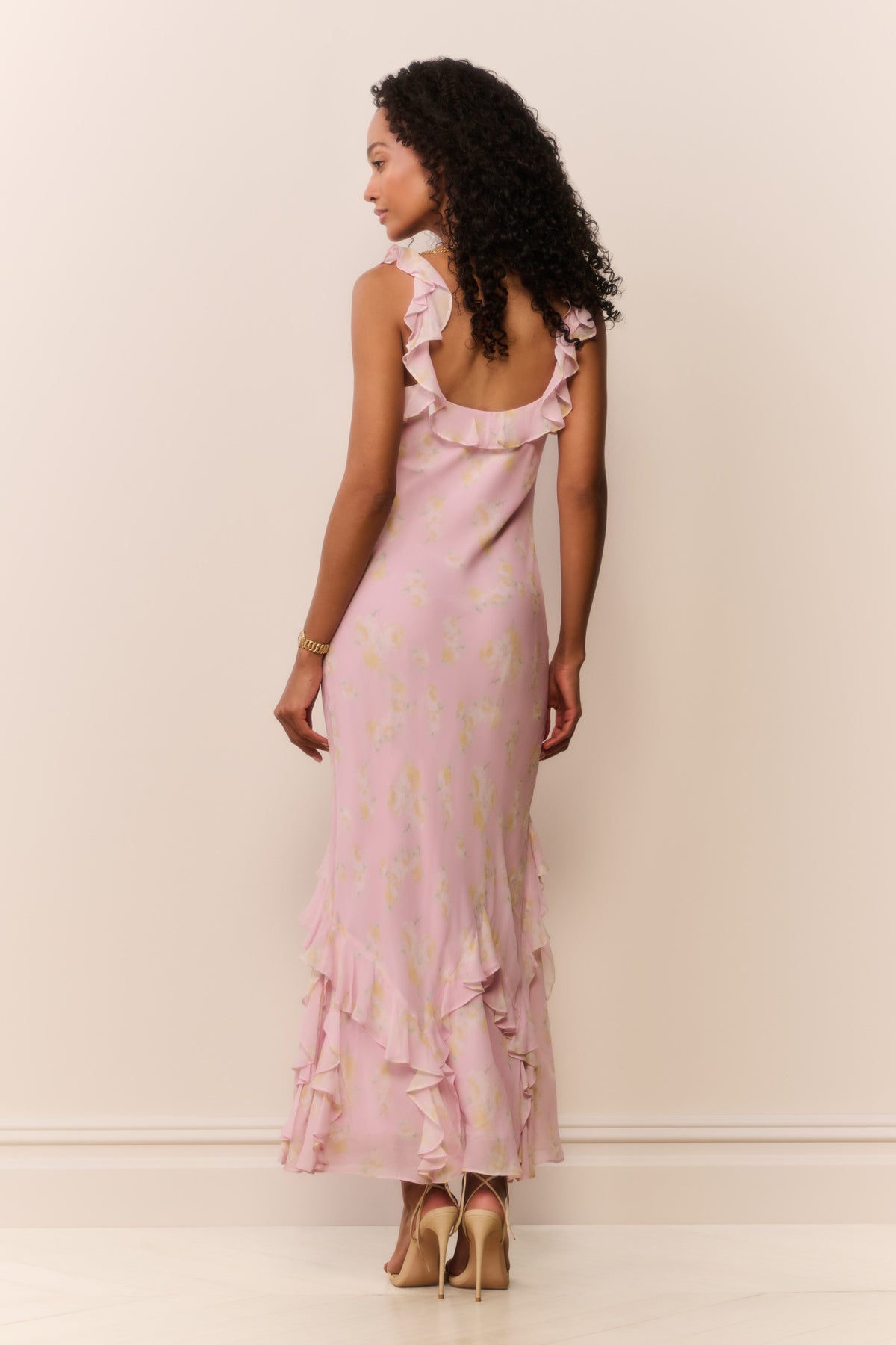 Floral chiffon maxi dress, light pink, back view with scalloped ruffle neckline