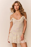 Floral chiffon mini dress, pale cream with allover floral print and flutter ruffles