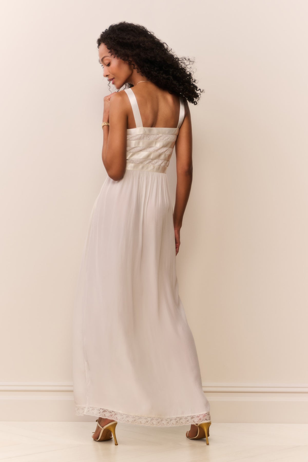 Cream sheer maxi dress with open back and banded strap detail