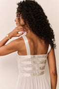 Cream sheer maxi dress back with wide straps and banded bodice