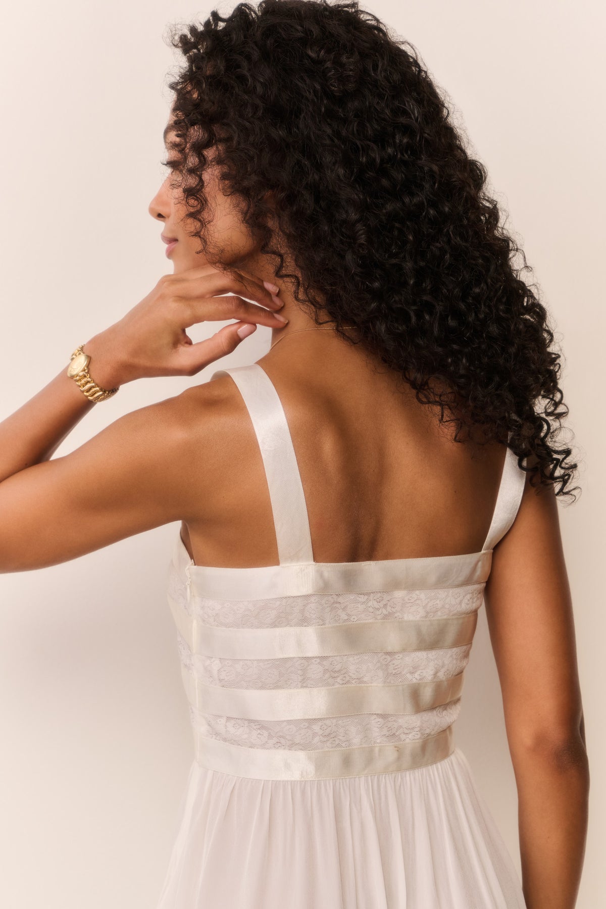 Cream sheer maxi dress back with wide straps and banded bodice