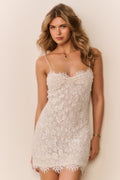 Ivory sequin lace mini dress front view with floral lace overlay and thin straps