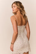 Ivory sequin lace mini dress with thin straps and scalloped lace hem