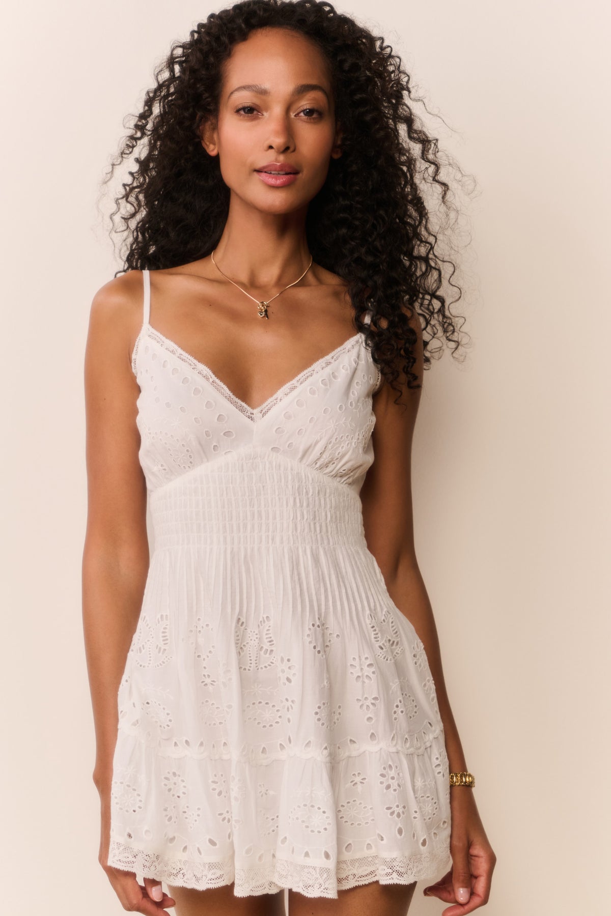 Azar cotton eyelet mini dress, white ruched bodice with tiered eyelet skirt