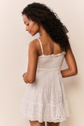 Azar cotton eyelet mini dress, white back view with spaghetti straps and tiered skirt