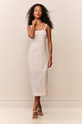 White lace stripe midi dress with spaghetti straps, straight midi silhouette