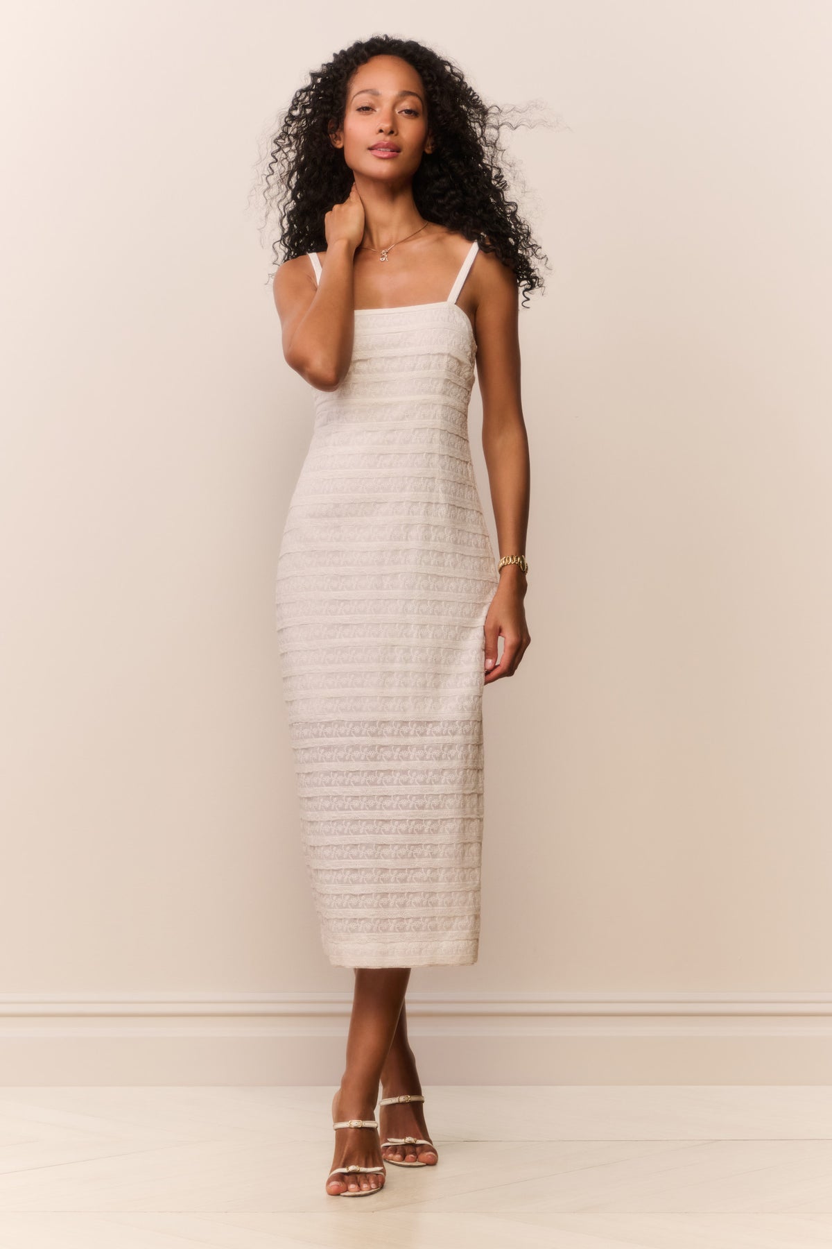 White lace stripe midi dress with spaghetti straps, straight midi silhouette