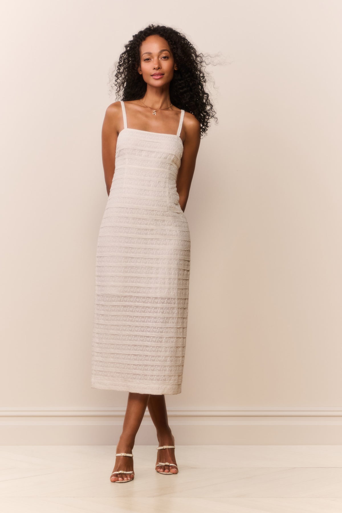 White lace stripe midi dress with spaghetti straps, sleeveless fitted midi