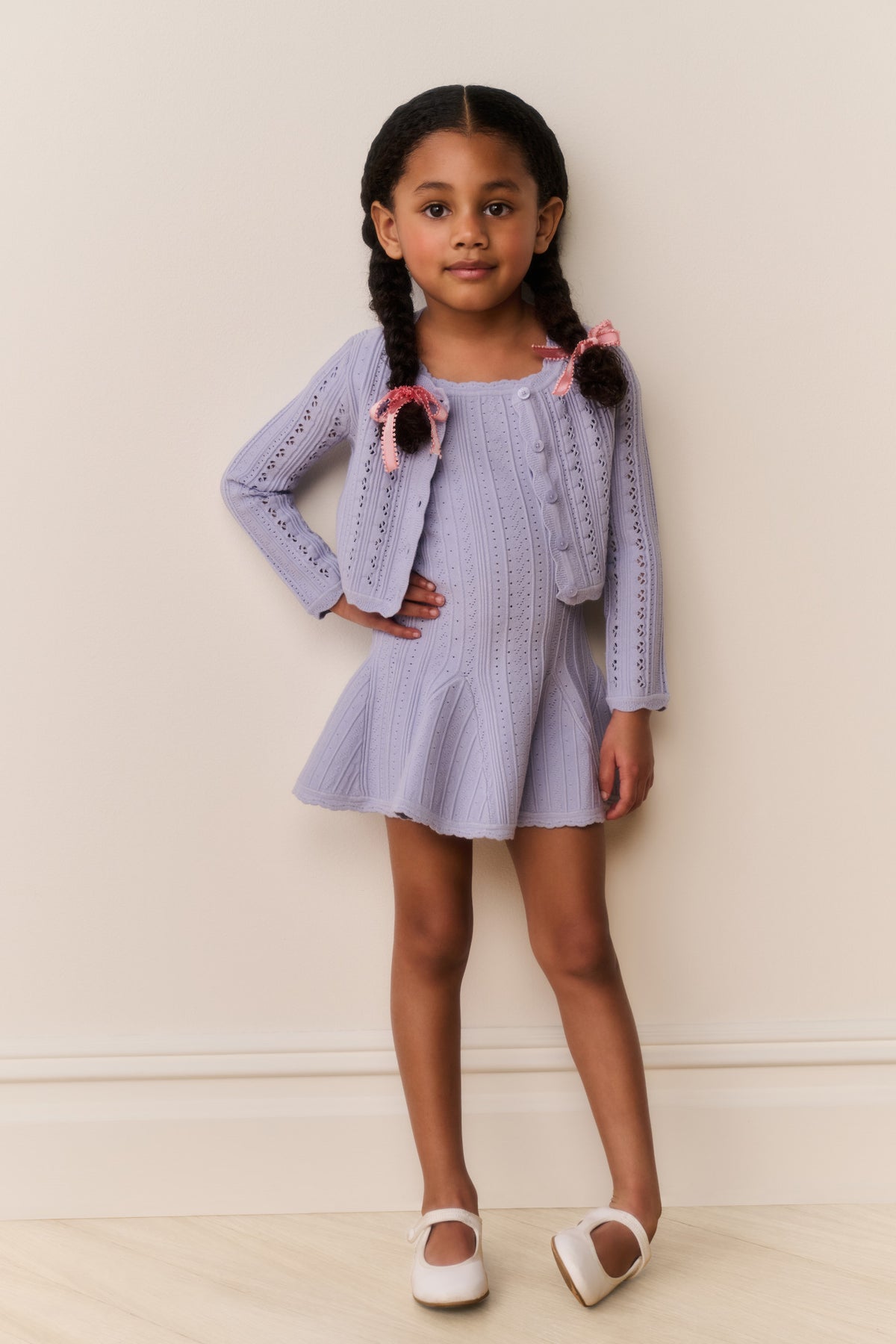 Girls lilac pointelle knit cardigan with bow-trim pockets and button front