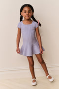 Lavender pointelle knit girls dress, square neckline, short sleeves, flared hem
