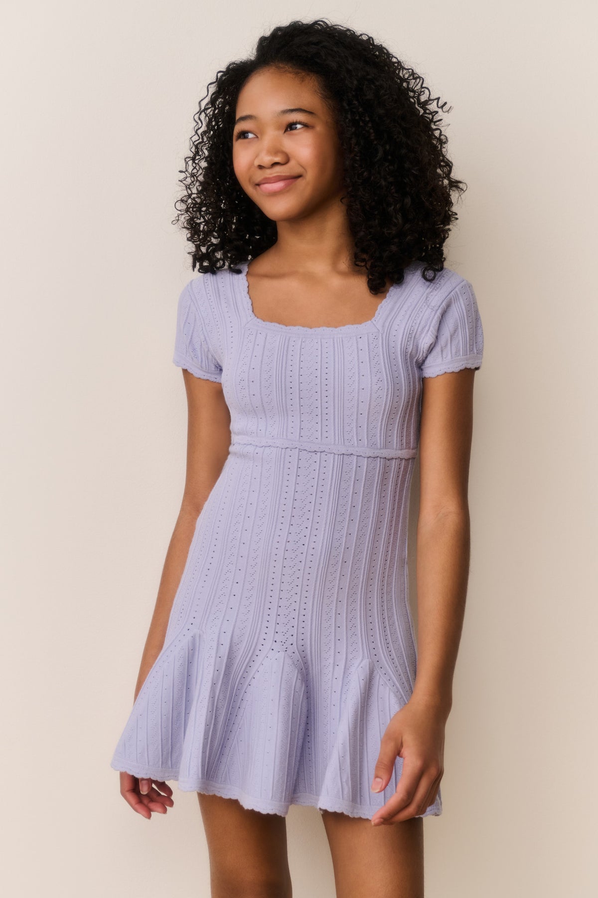 Tween pointelle stretch dress in light lavender, fitted bodice with flared skirt