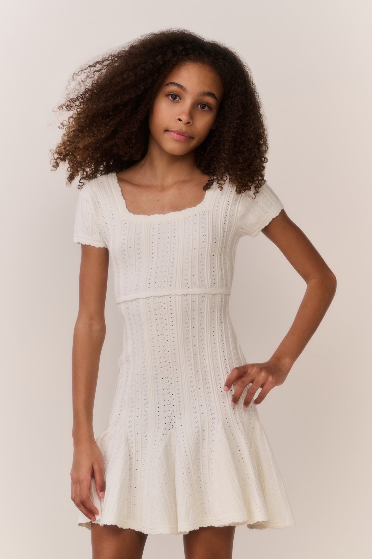 Tween pointelle stretch dress in white with square neckline and flared skirt