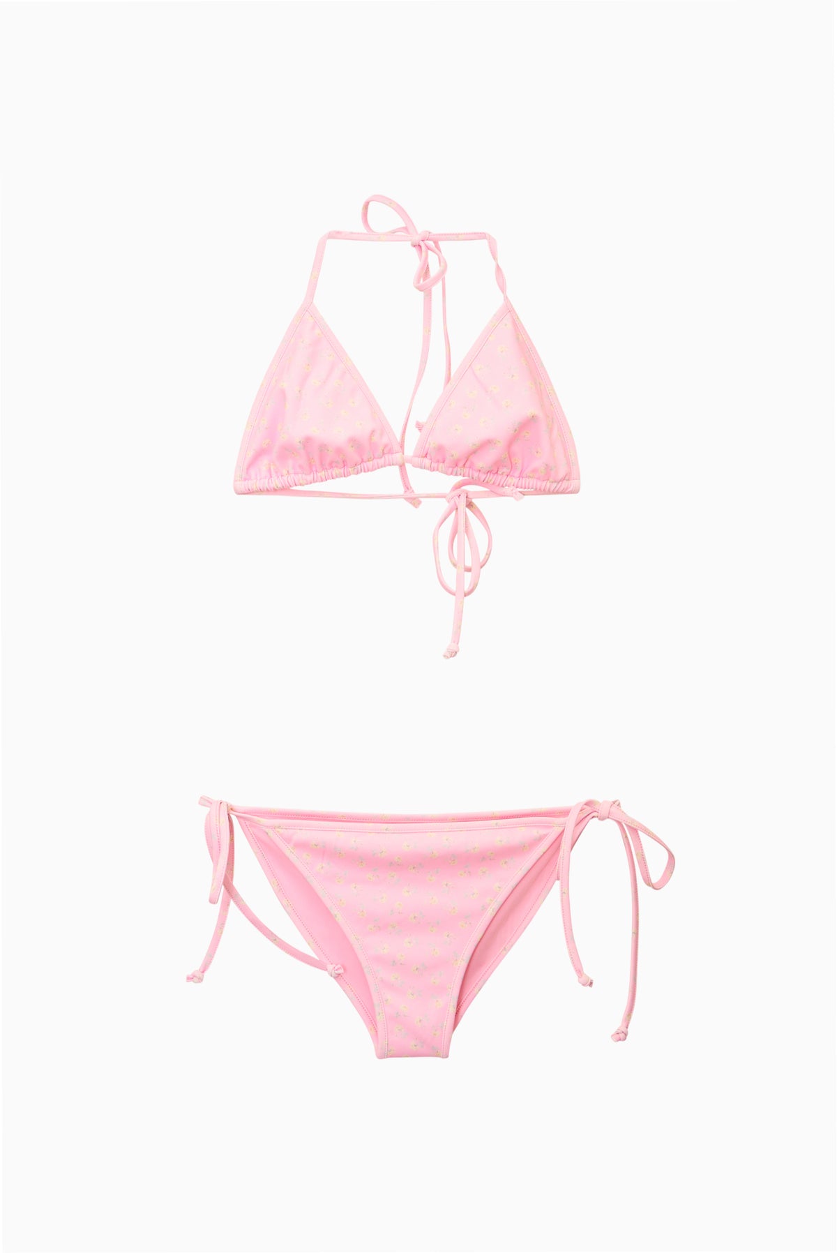 Ditsy floral triangle bikini with halter tie top and side-tie bikini bottoms