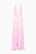 Light pink chiffon maxi dress with deep V neckline and open-back style