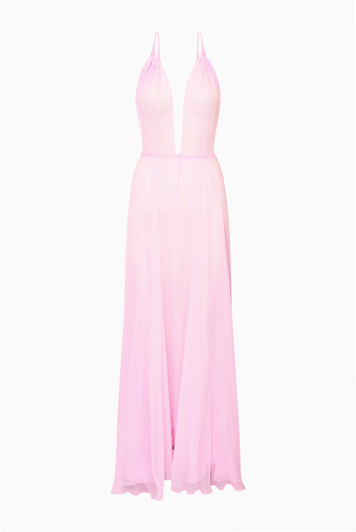 Light pink chiffon maxi dress with deep V neckline and open-back style