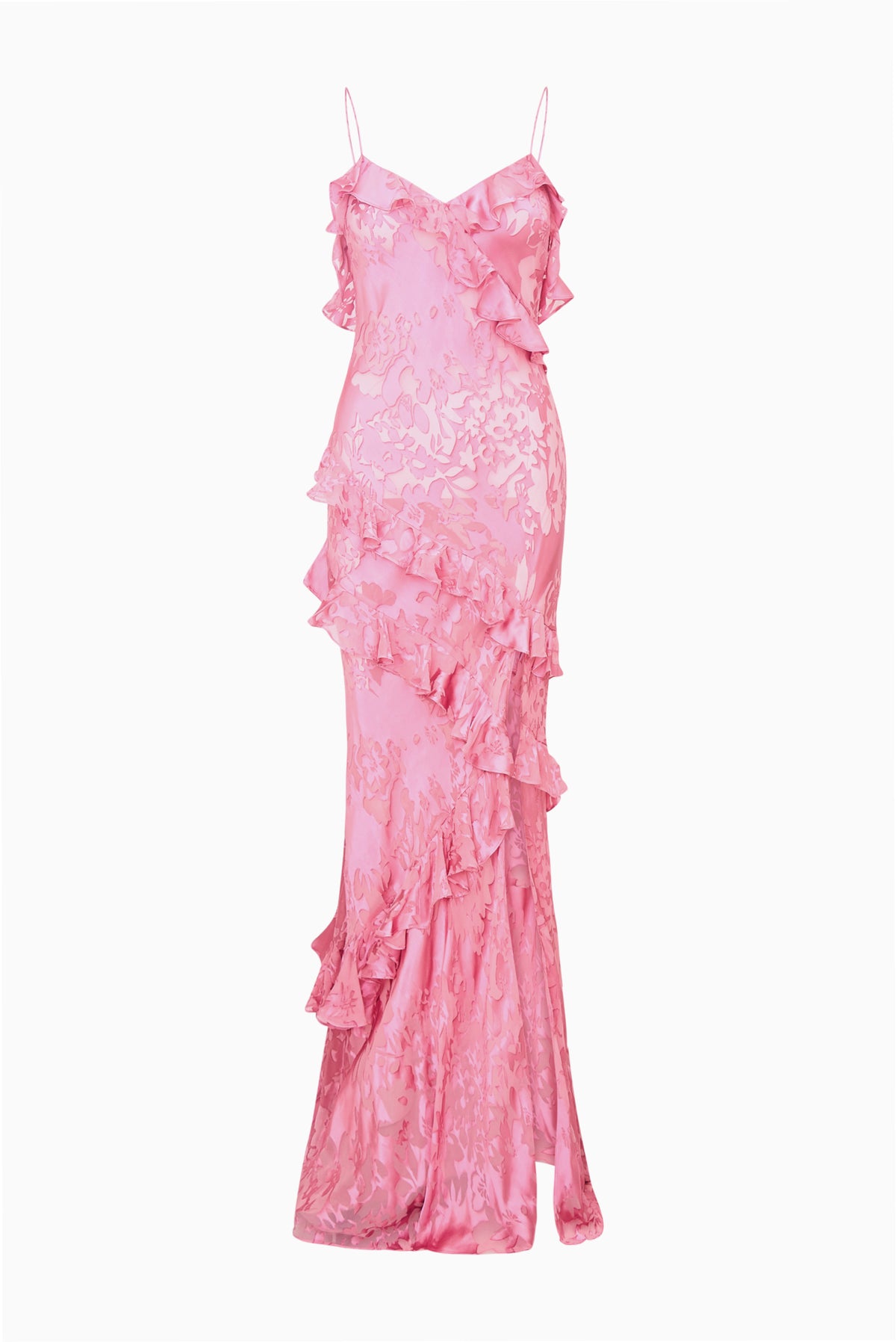 Dusty rose ruffle maxi dress with thin straps and layered ruffle detailing