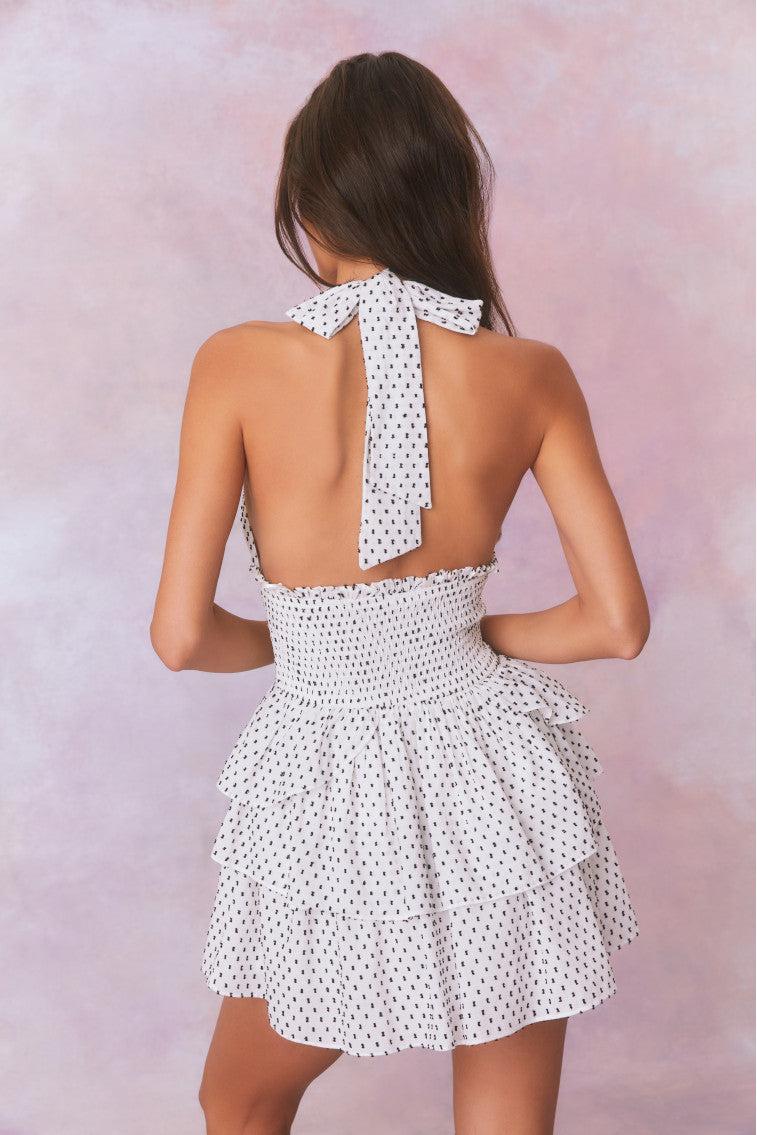 Antique white polka dot halter mini dress, open back with tie strap and tiers
