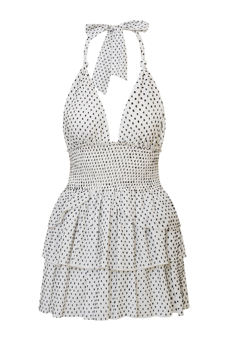 Antique white polka dot halter mini dress, halter tie neckline and tiered skirt