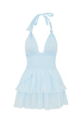 Light blue halter mini dress, sleeveless with tiered ruffle skirt
