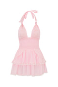 Pink halter tiered mini dress with ruffle skirt and bow-tie shoulder straps