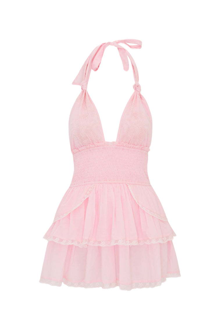 Pink halter tiered mini dress with ruffle skirt and bow-tie shoulder straps