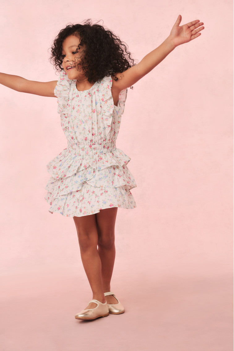 Girls cotton floral dress, side view with sleeveless tiers and ruffle skirt