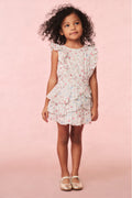 Girls cotton floral dress, front view with sleeveless ruffle tiers and floral print