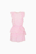 Pink sweetheart ruffle dress with textured diamond pattern, short sleeves