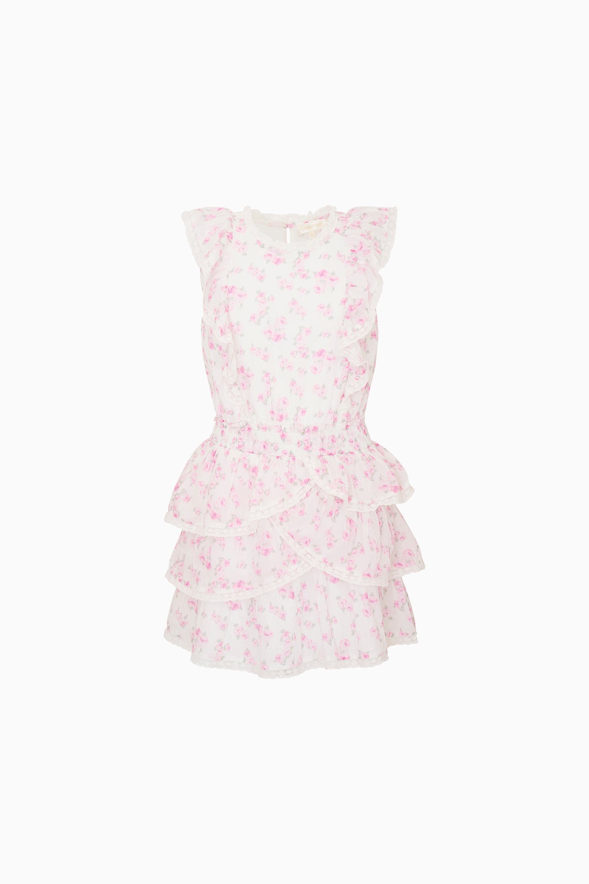 Girls floral ruffle tier dress, sleeveless pink with gathered waist and layered skirt