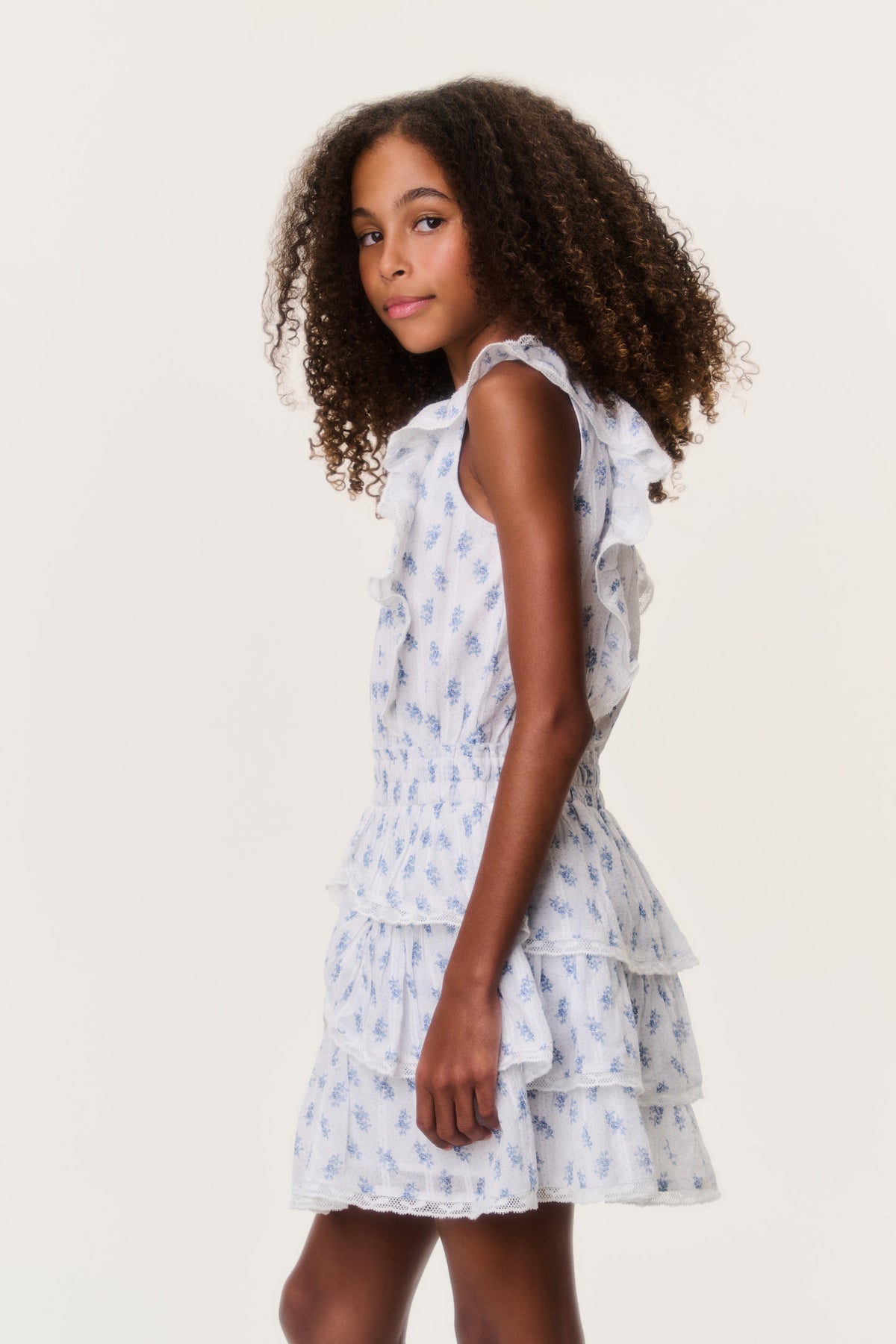 Tween girls light blue patterned sleeveless ruffle dress with tiered hem layers