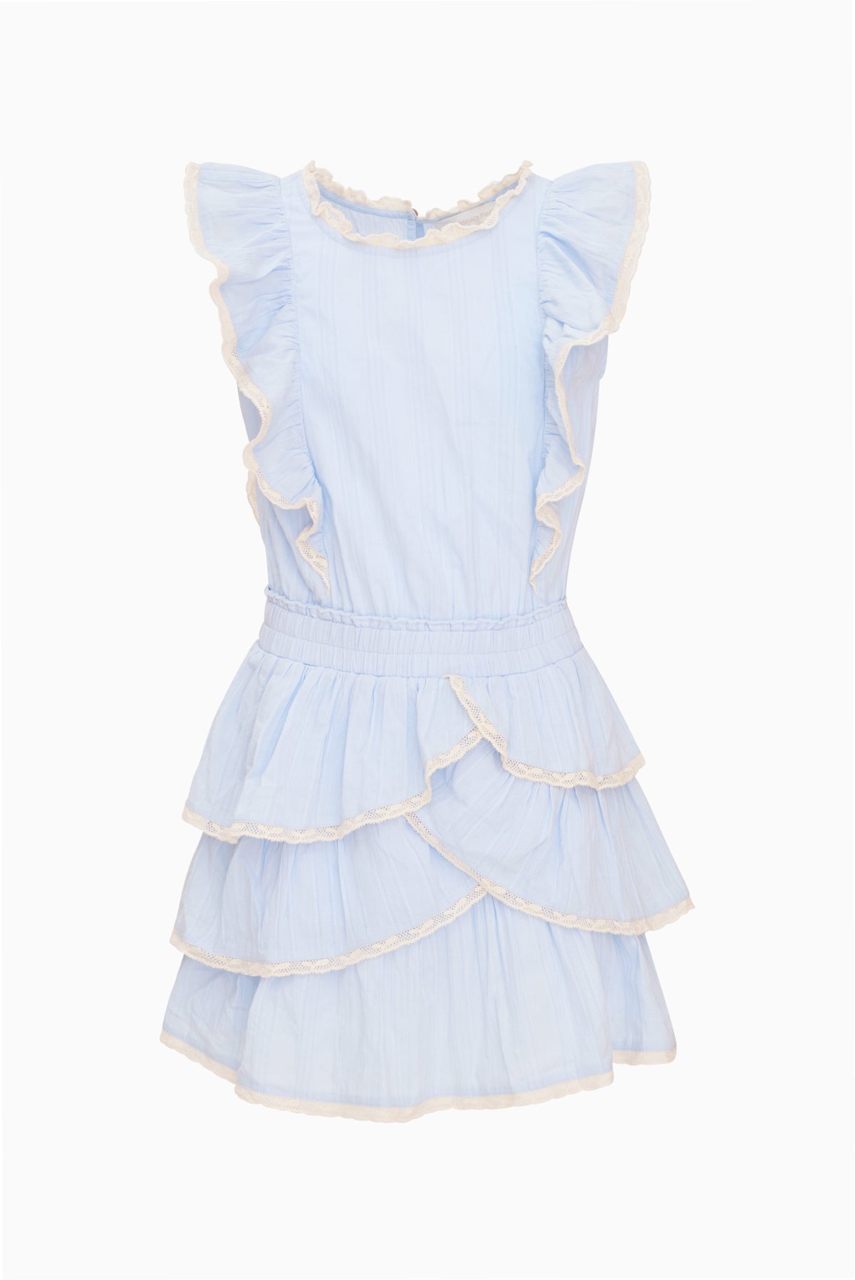 Light blue tween cotton decker dress with layered ruffle tiers and cap sleeves